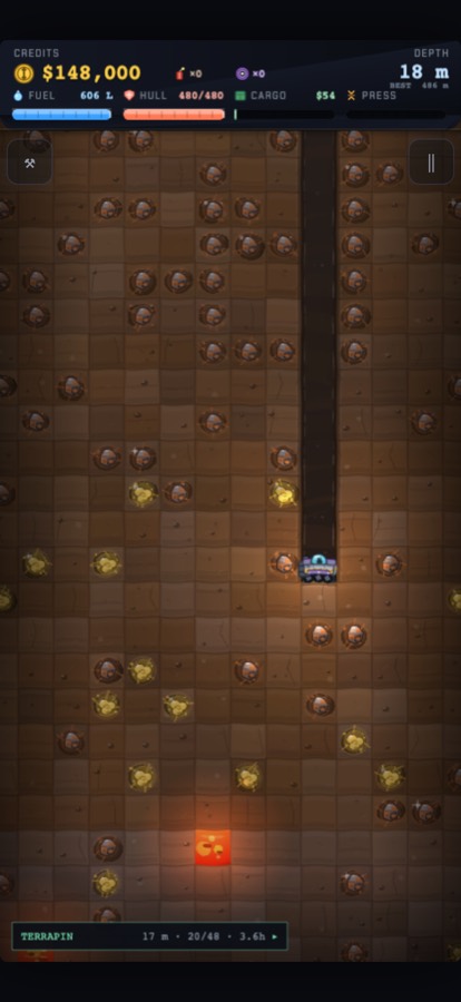 DIGGSWORTH gameplay showing a drill pod exploring underground ore